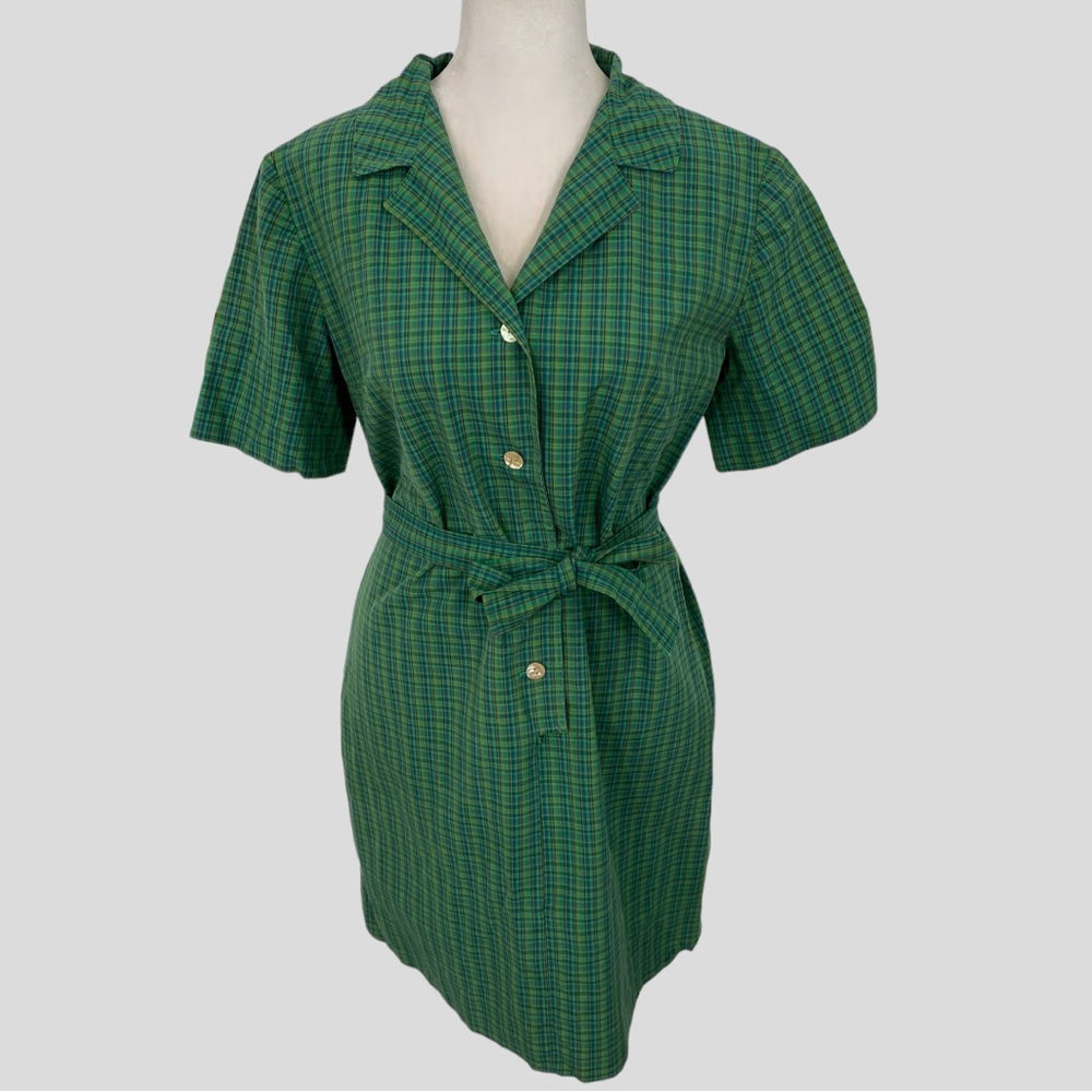 Vintage Handmade 50s Style Green Blue Plaid Belted Shirt Dress - Picture 6 of 6
